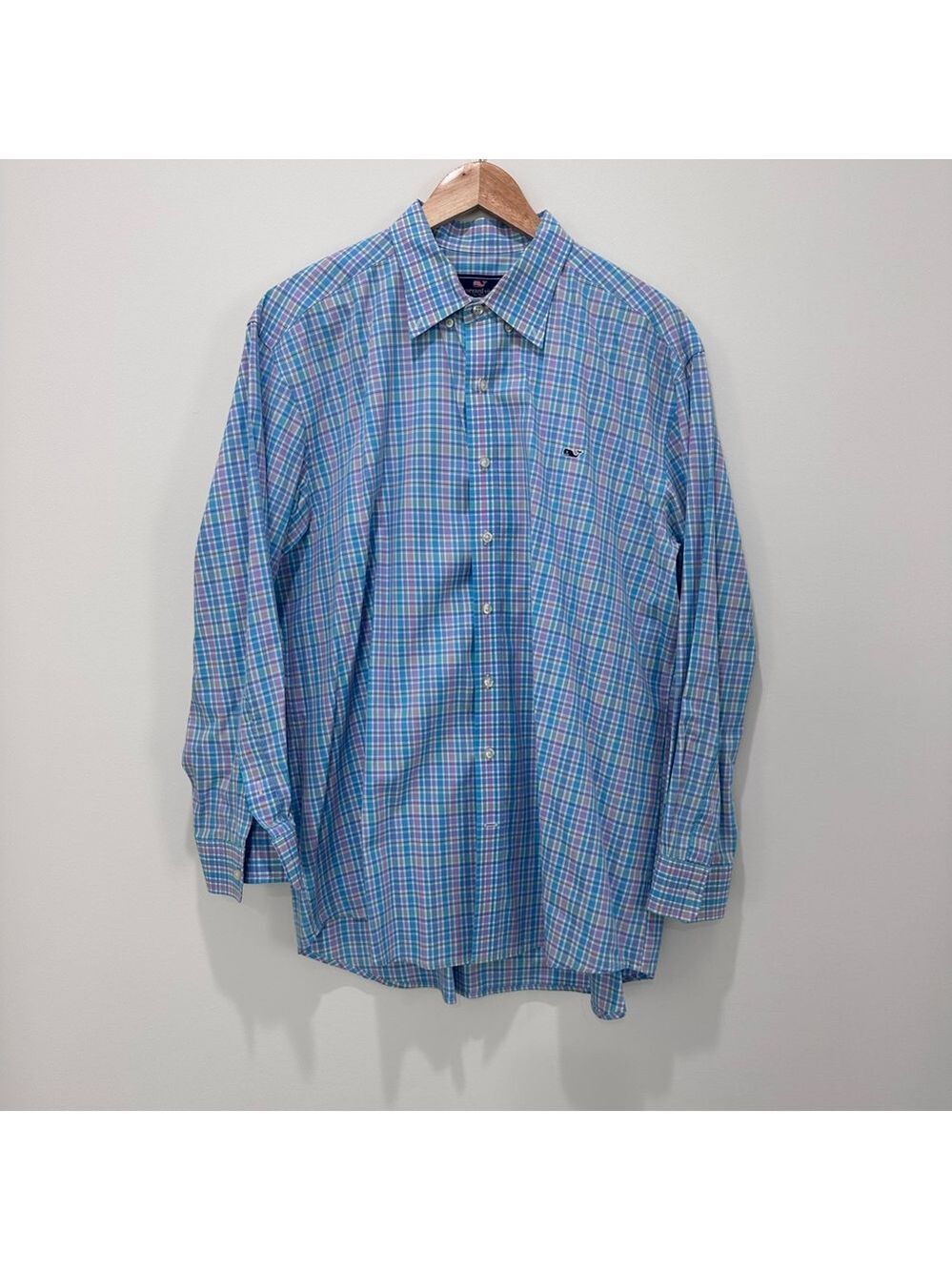 Vineyard Vines slim fit Whale button down shirt blue white pink plaid XXL